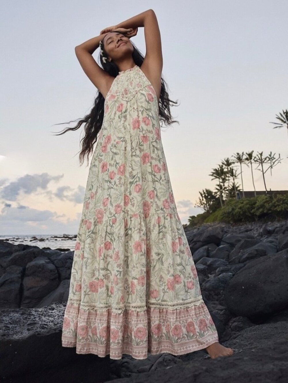 Lulus Boho Tiered Sleeveless Floral Maxi Dress Sz L Flowy A-Line Cottage Summer